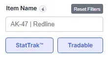 StatTrak and Tradable filter buttons below the item search bar
