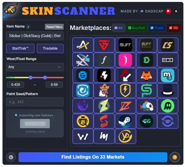 SkinScanner extension in dark mode showing the full interface