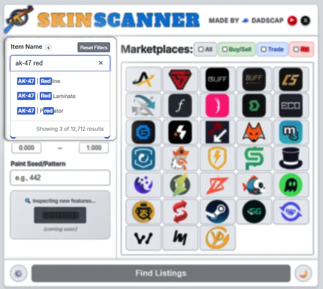 SkinScanner search bar showing autocomplete suggestions for AK-47 Redline