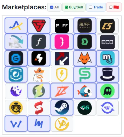 Buy/Sell marketplace grid showing all supported CS2 marketplaces
