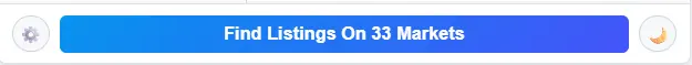 Find Listings On 33 Markets button with settings gear and dark mode toggle